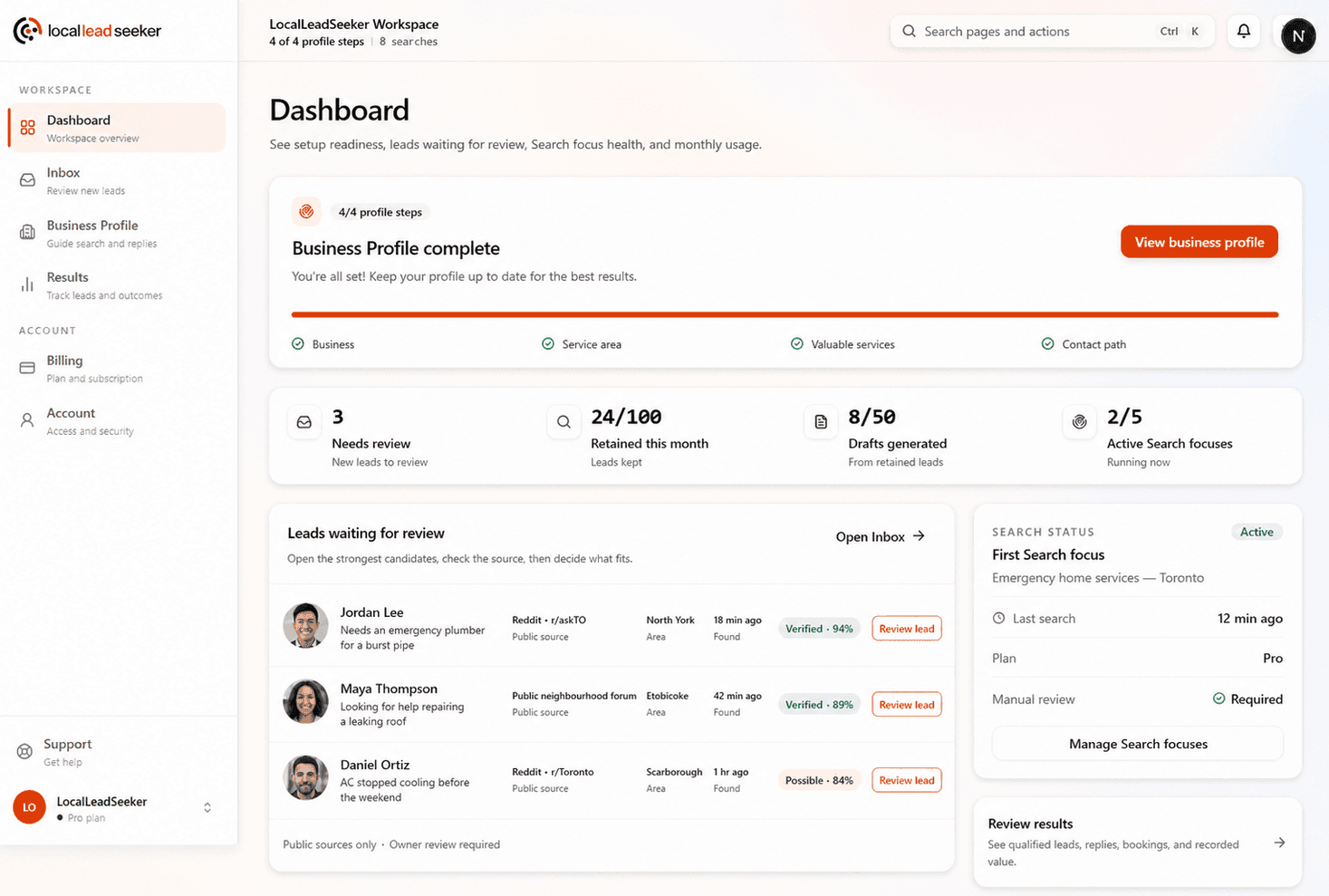 LocalLeadSeeker dashboard showing three public-source lead candidates ready for owner review